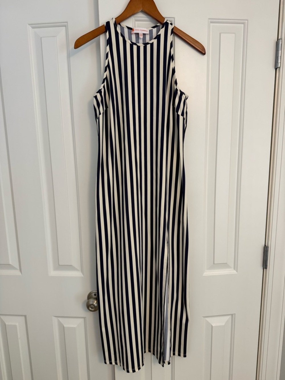 Jude Connally Navy and White Striped Maxi Midi Dress Size Small